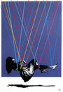 A silhouette of a seated figure, suspended mid-air like an Eelus creation, with colorful strings attached to limbs against a dark blue backdrop. Spray paint on canvas forms crisscross patterns above, evoking motion and tension akin to Suspender.