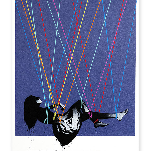 A silhouetted figure, seated and suspended, floats against a purple background. Multicolored lines reminiscent of Eelus spray paint art crisscross around them like strings, creating a dynamic and abstract composition.