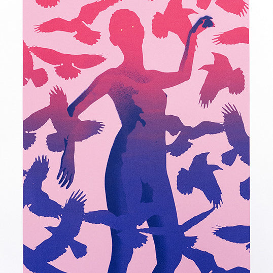 Eeluss screen print features a purple and blue silhouette surrounded by birds against a pink background, offering a dynamic yet serene composition, elegantly custom framed to enhance its artistic presence.
