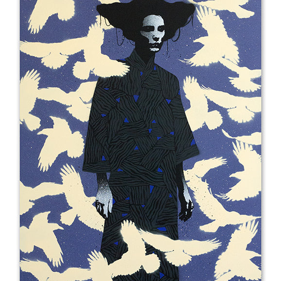 A person in a dark, intricately patterned outfit stands against a blue backdrop filled with white birds in flight, overlapping the figure to create an ethereal, surreal effect reminiscent of Eeluss Unkindness 2, as if it were spray paint on canvas.