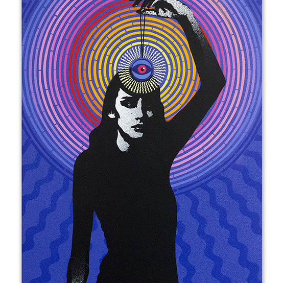 A silhouetted figure holds a circular object against their forehead, surrounded by vibrant concentric patterns in blue, purple, pink, orange, and yellow. This Eelus artwork on cotton canvas features spray paint that highlights the wavy blue texture with its distinctive flair.