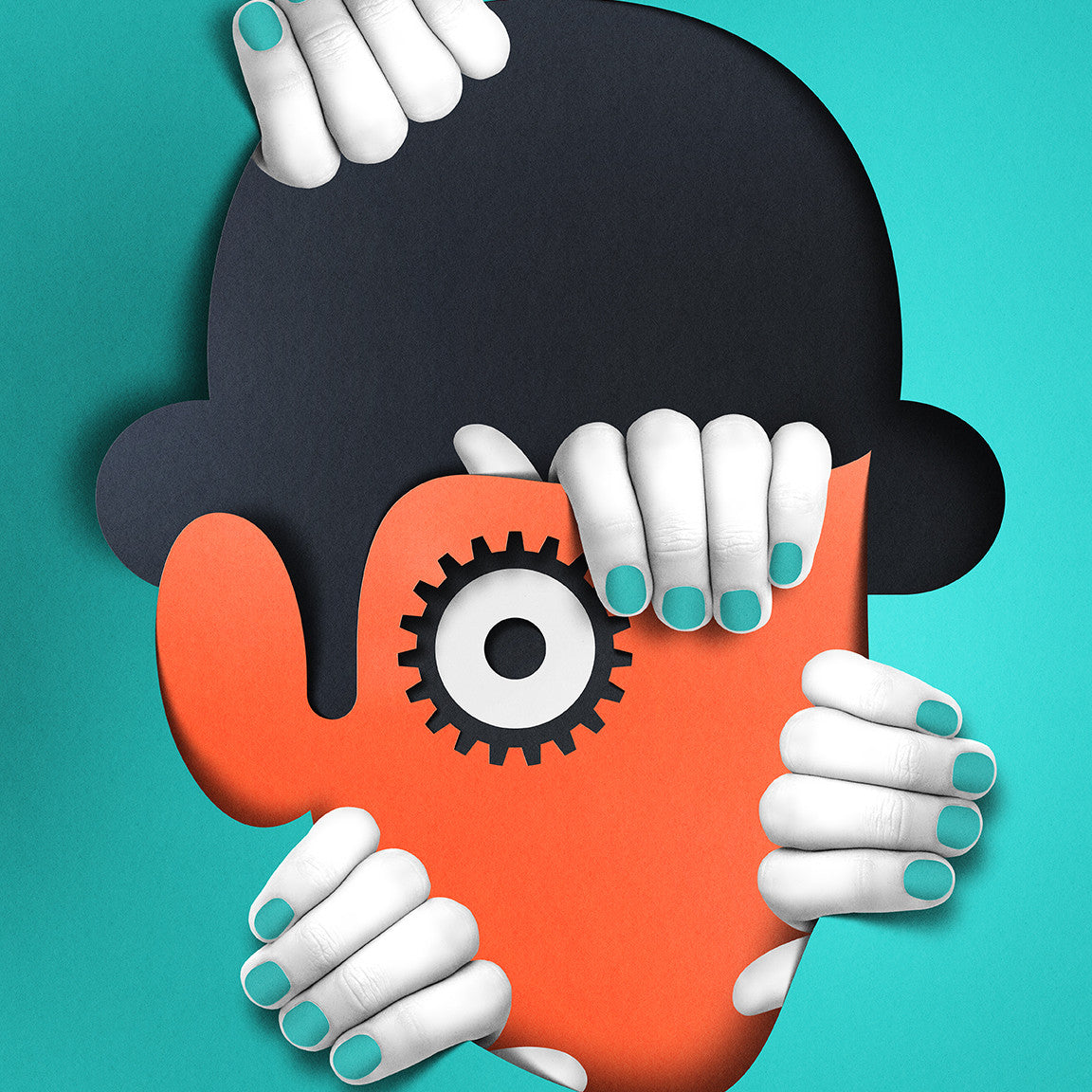 This fine art giclee limited edition by Eiko Ojala features an abstract image reminiscent of *A Clockwork Orange*, with multiple hands adorned in teal nail polish grasping a stylized face made of cut-out shapes, complete with a black bowler hat and gear-shaped eye on a turquoise background.