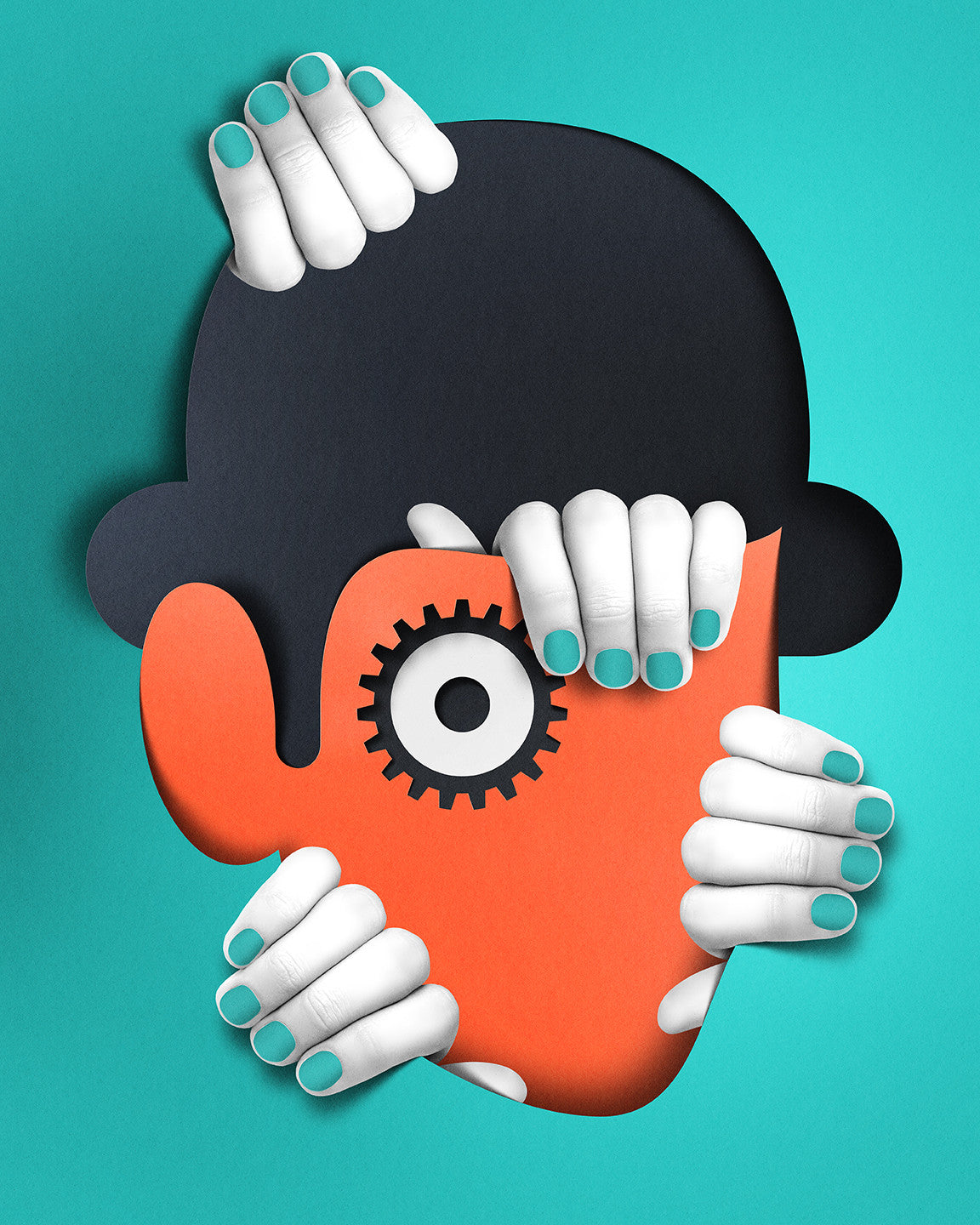 This fine art giclee limited edition by Eiko Ojala features an abstract image reminiscent of *A Clockwork Orange*, with multiple hands adorned in teal nail polish grasping a stylized face made of cut-out shapes, complete with a black bowler hat and gear-shaped eye on a turquoise background.