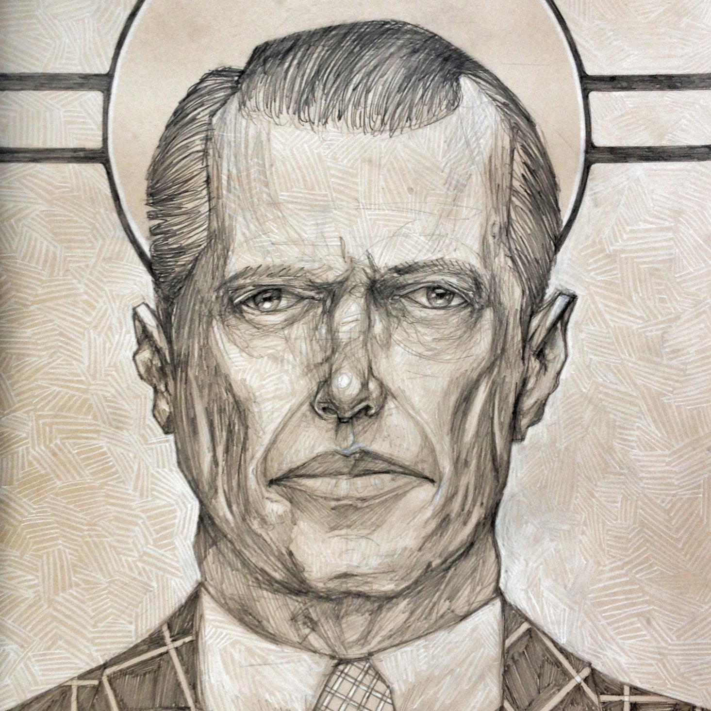 A pencil sketch of a man in a patterned suit and tie with a serious look, slicked-back hair, and a halo effect pays tribute to Martin Scorsese. The textured background by Zach Landrum is elegantly enclosed in a custom wooden frame.
