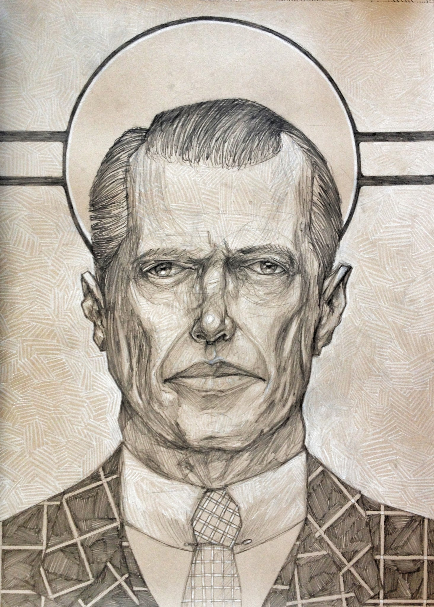 A pencil sketch of a man in a patterned suit and tie with a serious look, slicked-back hair, and a halo effect pays tribute to Martin Scorsese. The textured background by Zach Landrum is elegantly enclosed in a custom wooden frame.