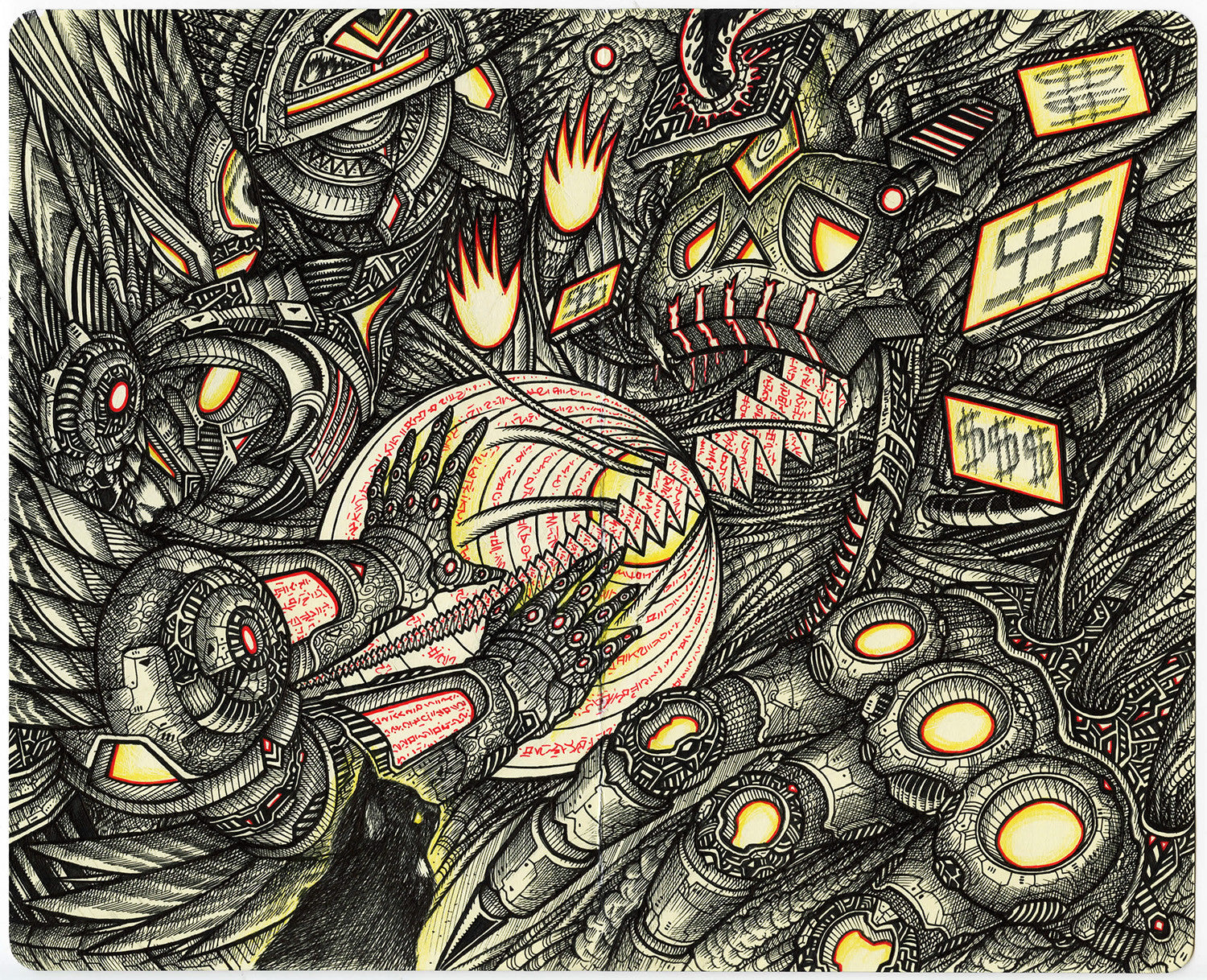 Erik Siadors intricate abstract art showcases a chaotic, robot-like figure with gears, pipes, and screens. Flames from the center highlight mechanical elements in red and yellow. The scene resembles an industrial landscape, reminiscent of ink on Moleskine.