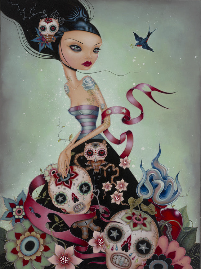 A stylized woman with dark hair and vibrant makeup poses amidst decorative skulls and flowers, reflecting Caia Koopmans style. She wears a striped top with a swirling pink ribbon, as a bird flies above and a flame-like blue shape adds flair to this fine art print from Spoke Art.