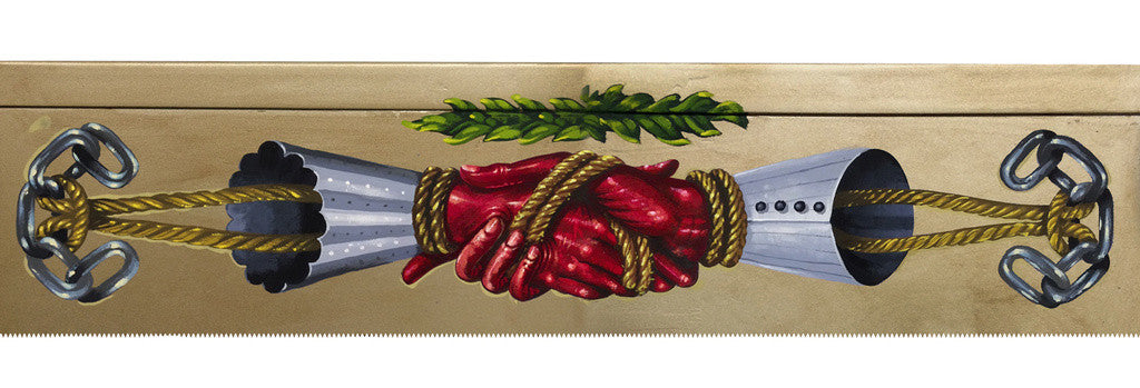 Dan Christoffersons design on this saw features two red gloves shaking hands from metallic cuffs with ropes and chains. A green leaf is centered above. This unique piece reflects Spoke Arts style and is perfect for a Two-Man Crosscut pairing.