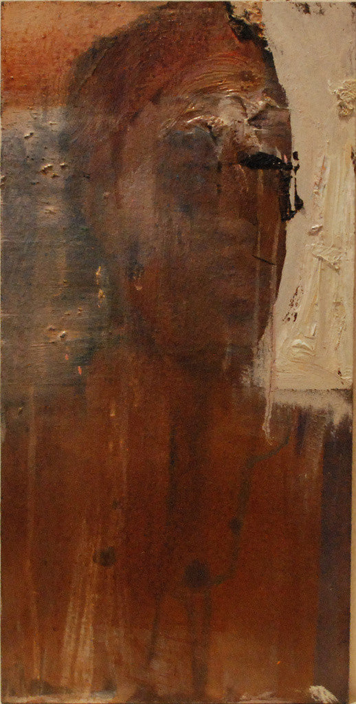 Brett Amorys textured abstract painting Anonymous12 features a faint human face and upper body in earthy browns, characterized by visible brushstrokes and layered, distressed textures typical of his oil on board technique.