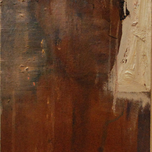 Brett Amorys textured abstract painting Anonymous12 features a faint human face and upper body in earthy browns, characterized by visible brushstrokes and layered, distressed textures typical of his oil on board technique.