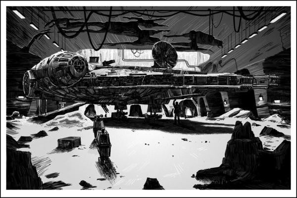 Tim Doyles artist proof features a black-and-white illustration of a classic sci-fi spaceship in a hangar, showcasing intricate details with nearby figures and rugged terrain, reminiscent of a signed and numbered silkscreen print.