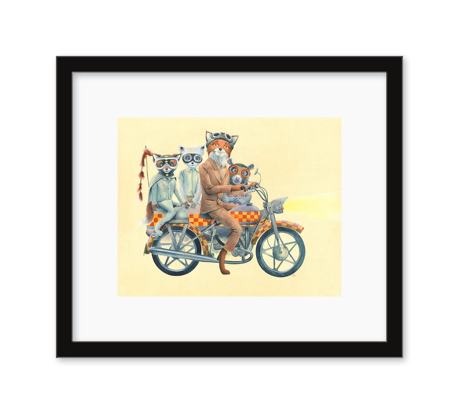 Maryanna Holloman presents Fantastic Bandits, an open edition archival pigment print depicting three stylish raccoons in vintage fashion on a motorcycle. The lead raccoon wears a suit with handlebar tassels while the others sport teal outfits and hats.