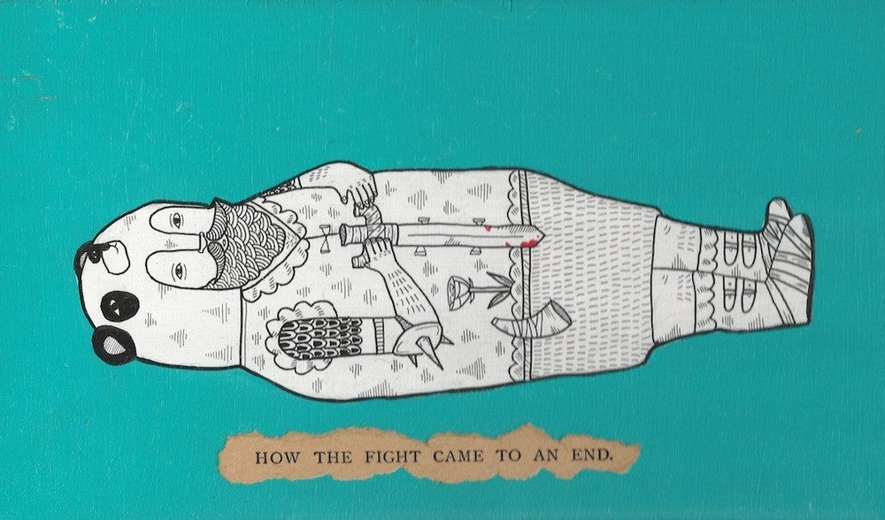 Illustration by Michael C. Hsiung of a whimsical knight lying on a turquoise background, pierced by a sword. Below them is the note, HOW THE FIGHT CAME TO AN END. The knights body features intricate wood-like and pen-style patterns.