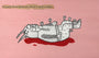 An imaginative Michael C. Hsiung piece on wood depicts a human-like goat lying in red liquid with arrows in its body, against a pink background that says, It made Tom sad to see Dick in such a state. It combines pen and acrylic for an expressive touch.