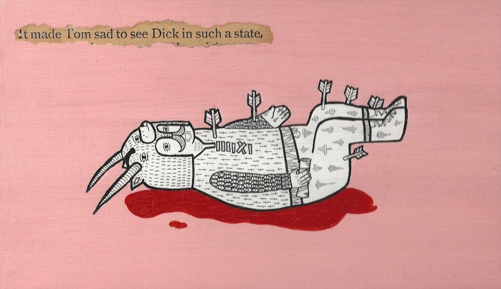 An imaginative Michael C. Hsiung piece on wood depicts a human-like goat lying in red liquid with arrows in its body, against a pink background that says, It made Tom sad to see Dick in such a state. It combines pen and acrylic for an expressive touch.