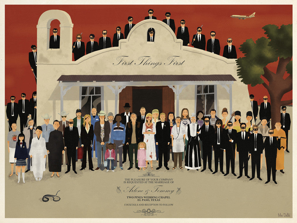 A lively group wedding portrait appears in front of a white chapel with First Things First adorning it. Diverse attendees, some in suits and sunglasses, are present, while an airplane soars above, reminiscent of a hand-numbered Max Dalton giclee print.