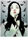 This signed and numbered Jason Levesque illustration portrays a woman with long black hair and pale skin, gazing upwards among black butterflies. Her hands near her face stand out against a white-to-gray gradient. Its printed on archival giclée watercolor paper for vibrant detail.