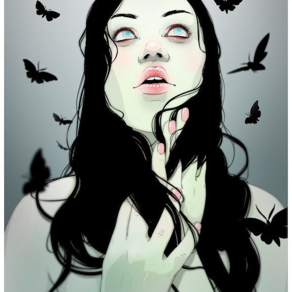 This signed and numbered Jason Levesque illustration portrays a woman with long black hair and pale skin, gazing upwards among black butterflies. Her hands near her face stand out against a white-to-gray gradient. Its printed on archival giclée watercolor paper for vibrant detail.