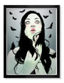 This Jason Levesque archival giclée print features a stylized illustration of a woman with long dark hair, gazing upward with her hands near her face. Black butterflies flutter around her against a grey background. Its framed in black and detailed on premium watercolor paper.