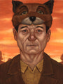 A man in a fox hat, blending realism with Casey Weldons surreal style, gazes neutrally. Shadows from silhouetted trees and power lines stretch across an orange sunset, creating a captivating scene reminiscent of Fox Murrays paintings.