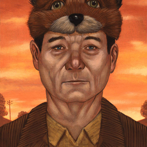 A man in a fox hat, blending realism with Casey Weldons surreal style, gazes neutrally. Shadows from silhouetted trees and power lines stretch across an orange sunset, creating a captivating scene reminiscent of Fox Murrays paintings.