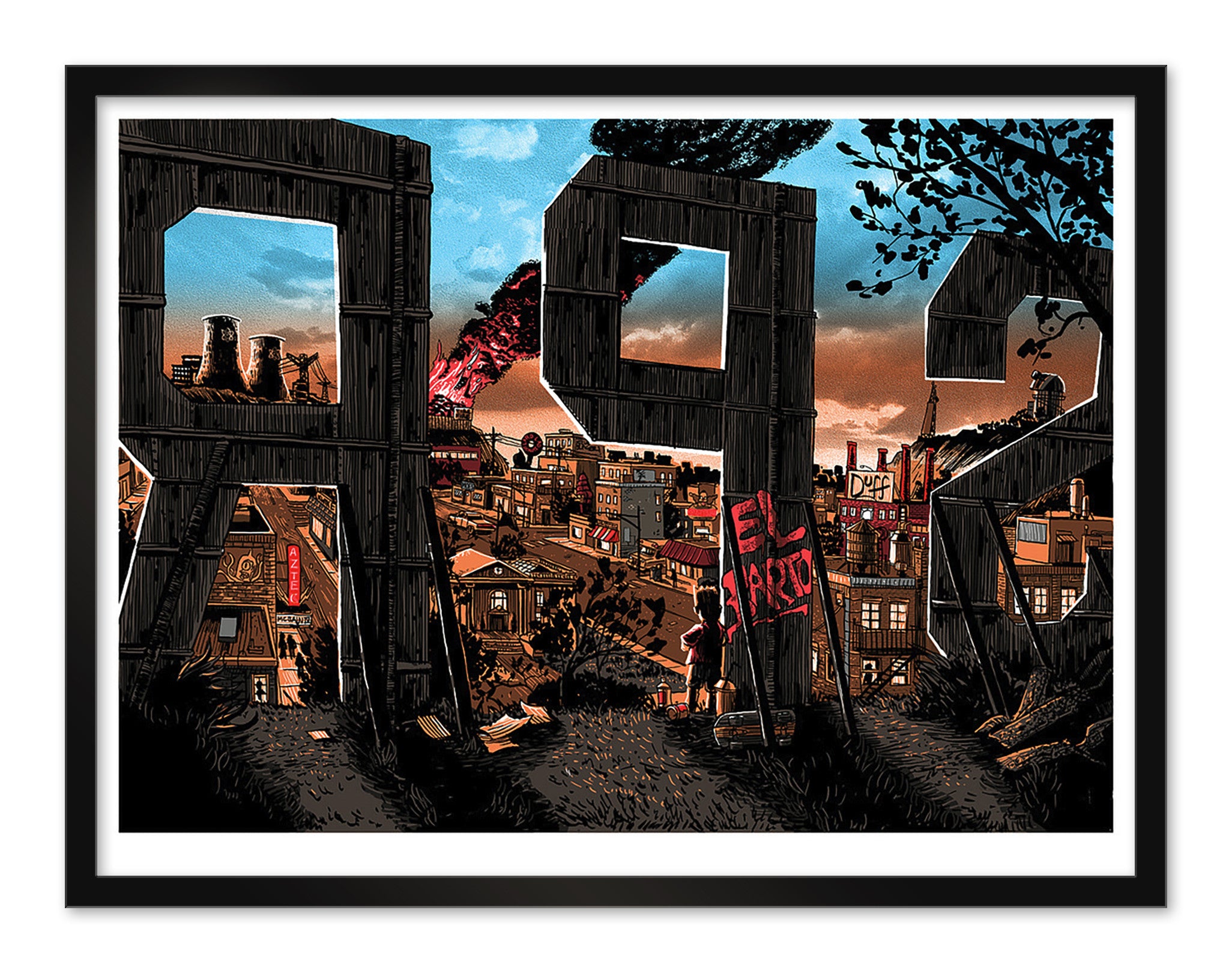 A vibrant screen print by Tim Doyle showcases a cityscape with large 1992 numbers in the foreground. Smokestacks and buildings reminiscent of Springfield fill the background under a dramatic sky, as a person stands beside the numbers holding an El Narco banner.