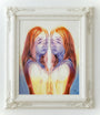 A framed oil on canvas by Alex Garant showcases two identical, multi-eyed figures with long hair in vibrant colors, creating a mirrored surreal effect, all presented in an ornate white frame at the Spoke Art Gallery.
