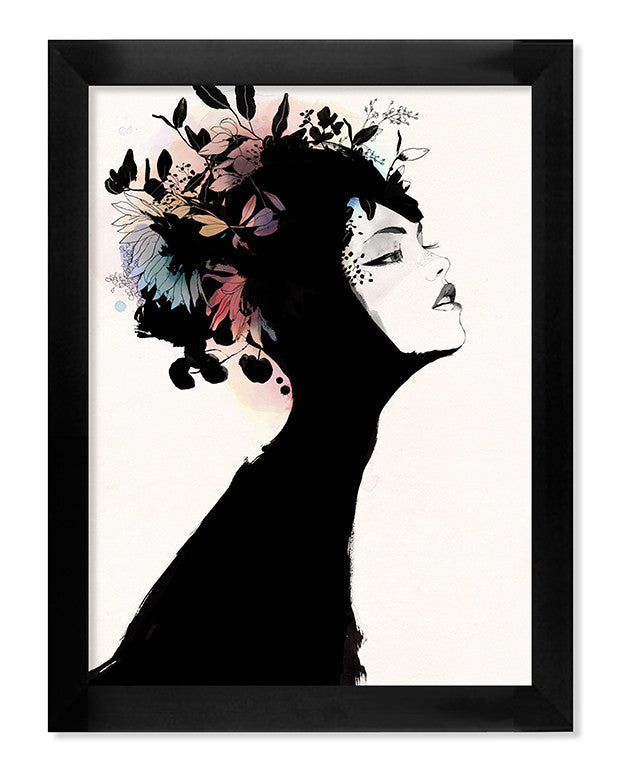 A limited edition giclée print by Conrad Roset vividly portrays a womans profile in dramatic black silhouette, her hair seamlessly merging with vibrant floral and leaf designs, offering an expressive and imaginative visual reminiscent of Rosets artistic style.