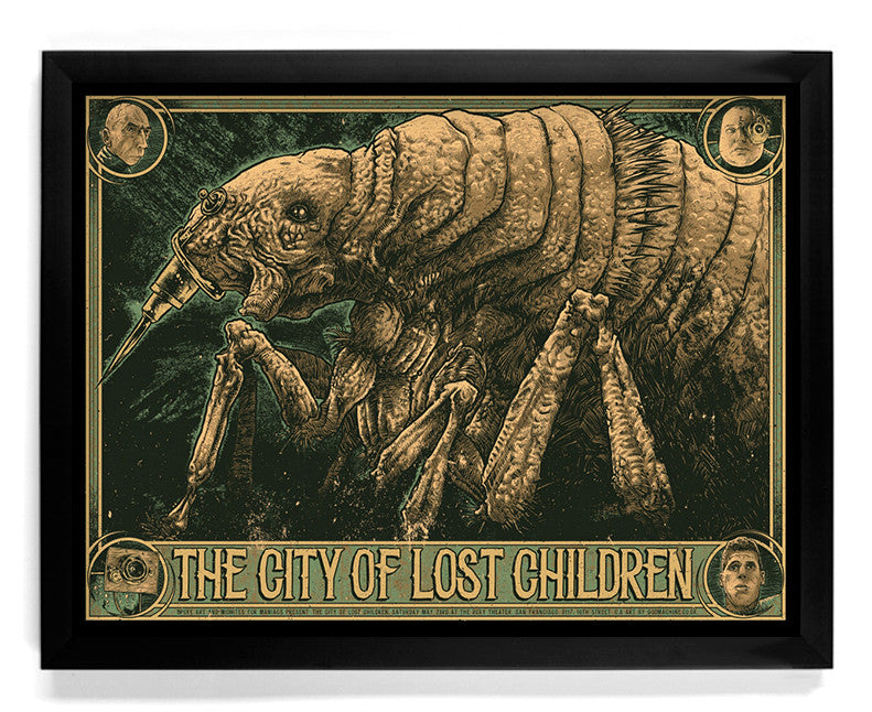 Godmachines framed screen print for The City of Lost Children features an intricate insect-like creature with detailed textures. Circular portraits border the design, while a dark background at the Roxie Theater highlights the golden details, enhancing depth and intrigue.