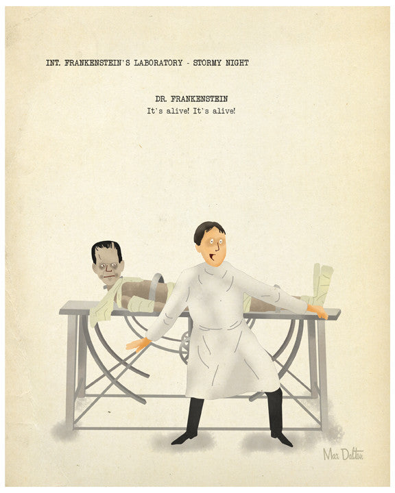 Max Daltons giclee print features Dr. Frankenstein in a white coat joyfully shouting Its alive! Its alive! next to a creature with neck bolts on a table, capturing the iconic stormy night in INT. FRANKENSTEINS LABORATORY. The artwork is hand-numbered for authenticity.