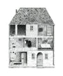 Jonas Lofgrens framed illustration in graphite on paper captures a black and white three-story dollhouse with intricate rooms, including a bathroom with a sink and a living area with a fireplace. Its shingled roof, brick exterior, and ghostly charm complete the design.