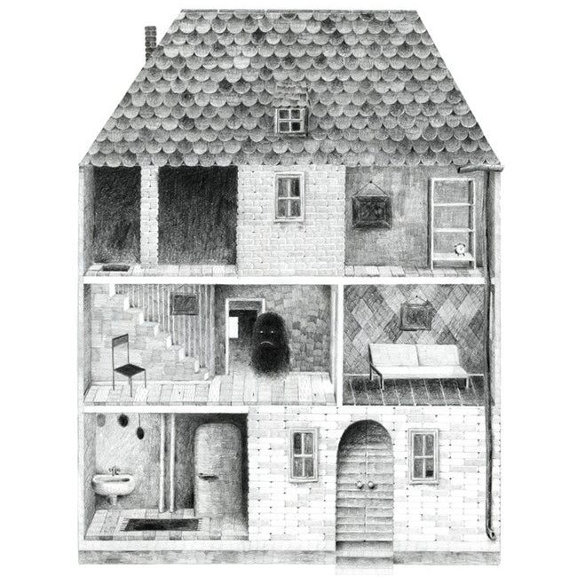 Jonas Lofgrens framed illustration in graphite on paper captures a black and white three-story dollhouse with intricate rooms, including a bathroom with a sink and a living area with a fireplace. Its shingled roof, brick exterior, and ghostly charm complete the design.