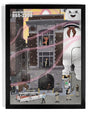 A city street scene by Max Dalton showcases a giant, marshmallow-like figure behind a building. Nearby, uniformed people with equipment stand by a car with red accents. Pink energy beams illuminate the sky in this hand-numbered edition.