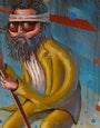 A painting by Lucas Gluesenkamp of a bearded man, similar to The Baumersquatch, wearing sunglasses and a headband, holding a stick in a yellow suit over a white shirt. The scene features an abstract mix of blue and red with dots, framed in custom wax.