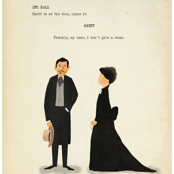 Max Daltons fine art giclee print depicts a classic movie scene with a man in a suit holding a hat and a woman in a long black dress. Its custom-framed, hand-numbered, and features the quote: Frankly, my dear, I dont give a damn.