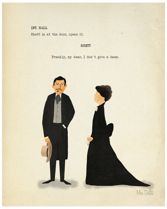 Max Daltons fine art giclee print depicts a classic movie scene with a man in a suit holding a hat and a woman in a long black dress. Its custom-framed, hand-numbered, and features the quote: Frankly, my dear, I dont give a damn.
