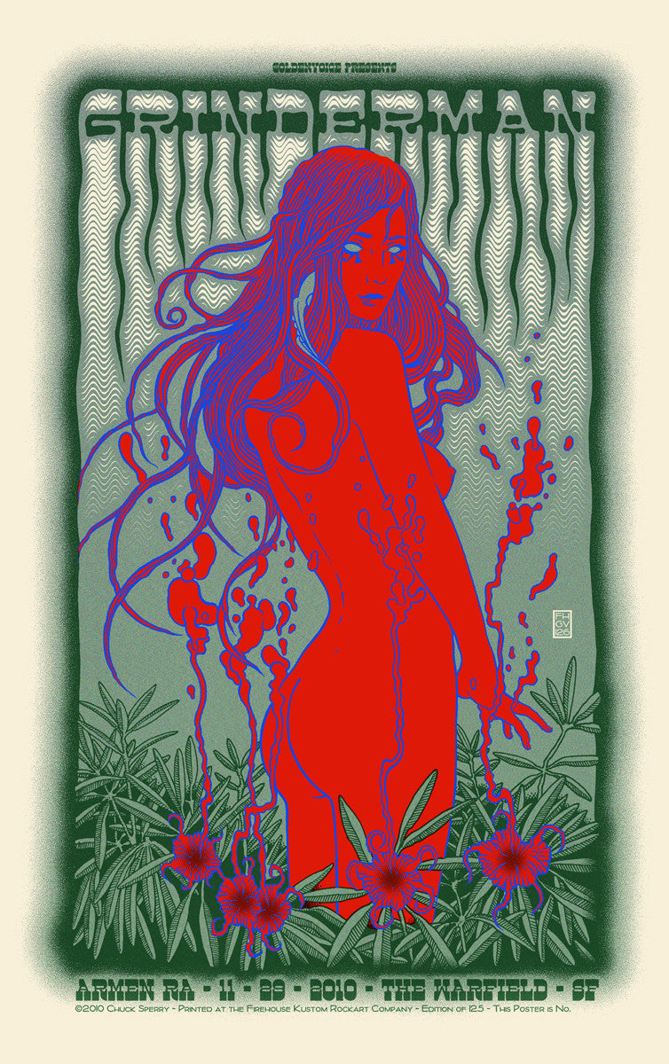 Chuck Sperrys psychedelic Grinderman poster features a red silhouette of a long-haired woman among wavy green patterns and plants. The show took place at The Warfield, SF, on April 19, 2010.