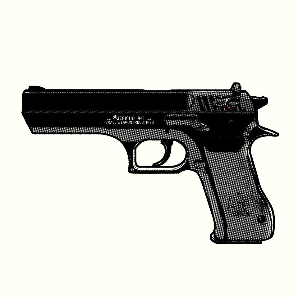 A side-view illustration of a black handgun highlights detailed features like the trigger, grip, and barrel against a light background. It includes small text reading JERICHO 941 and ISRAEL WEAPON INDUSTRIES. Inspired by Joshua Budichs art, it feels like a screenprint masterpiece.
