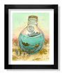 Nicole Gustafssons framed illustration features a ship in a bottle with sea creatures and a boat, surrounded by intrigued spectators. The background highlights trees and a vibrantly dotted sky. This archival pigment print is signed by the artist.