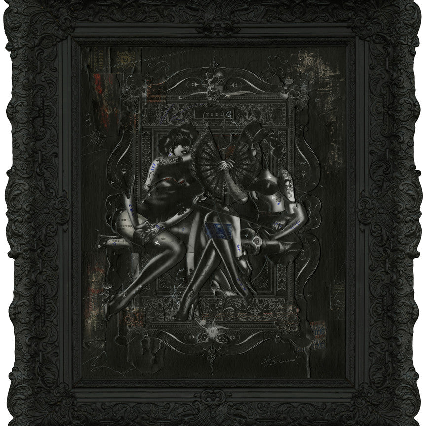 An antique frame houses a detailed artwork with two seated figures entwined in mechanical elements and gears against a textured backdrop, showcasing Handiedans mixed media fantasy and steampunk style.
