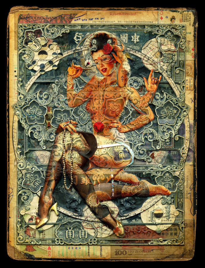 Handiedans giclée print showcases a tattooed woman with red lips against a colorful, vintage-style backdrop. The art features symbols, flowers, and abstract patterns in blue, gold, and beige tones for a surreal and ornate effect.