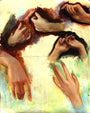 Original Arts Hands Study features lifelike painted hands in diverse poses against a textured, multicolored backdrop, using mixed and iridescent media to capture gestures from open palms to clasped fingers and pointing motions.