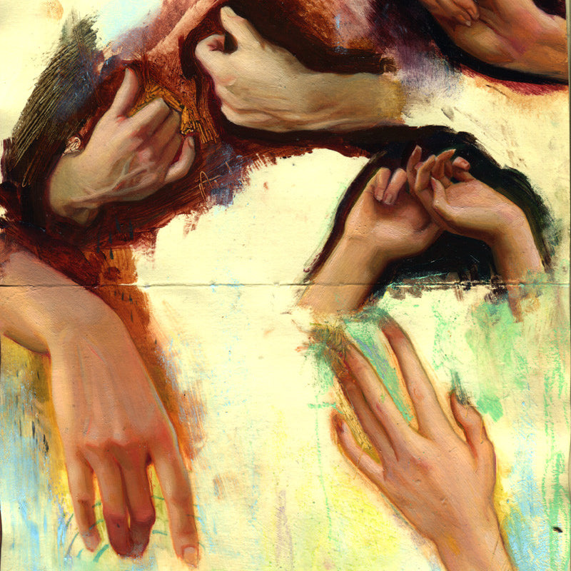 Original Arts Hands Study features lifelike painted hands in diverse poses against a textured, multicolored backdrop, using mixed and iridescent media to capture gestures from open palms to clasped fingers and pointing motions.