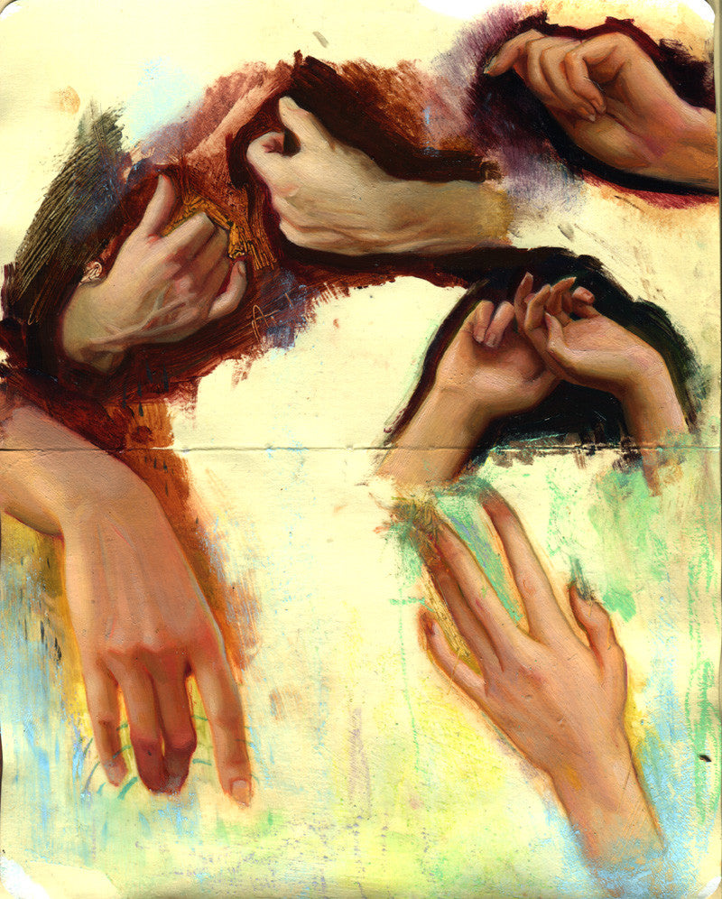 Original Arts Hands Study features lifelike painted hands in diverse poses against a textured, multicolored backdrop, using mixed and iridescent media to capture gestures from open palms to clasped fingers and pointing motions.