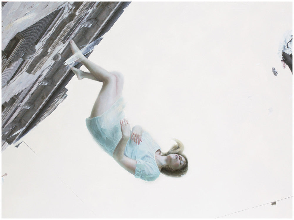 A person in a light, translucent dress seems to float gently against a minimalistic background. This sideways image evokes levitation next to a textured surface, resembling Henrik Aarrestad Uldalens style in this signed and numbered fine art giclee print by Henrik Uldalen.