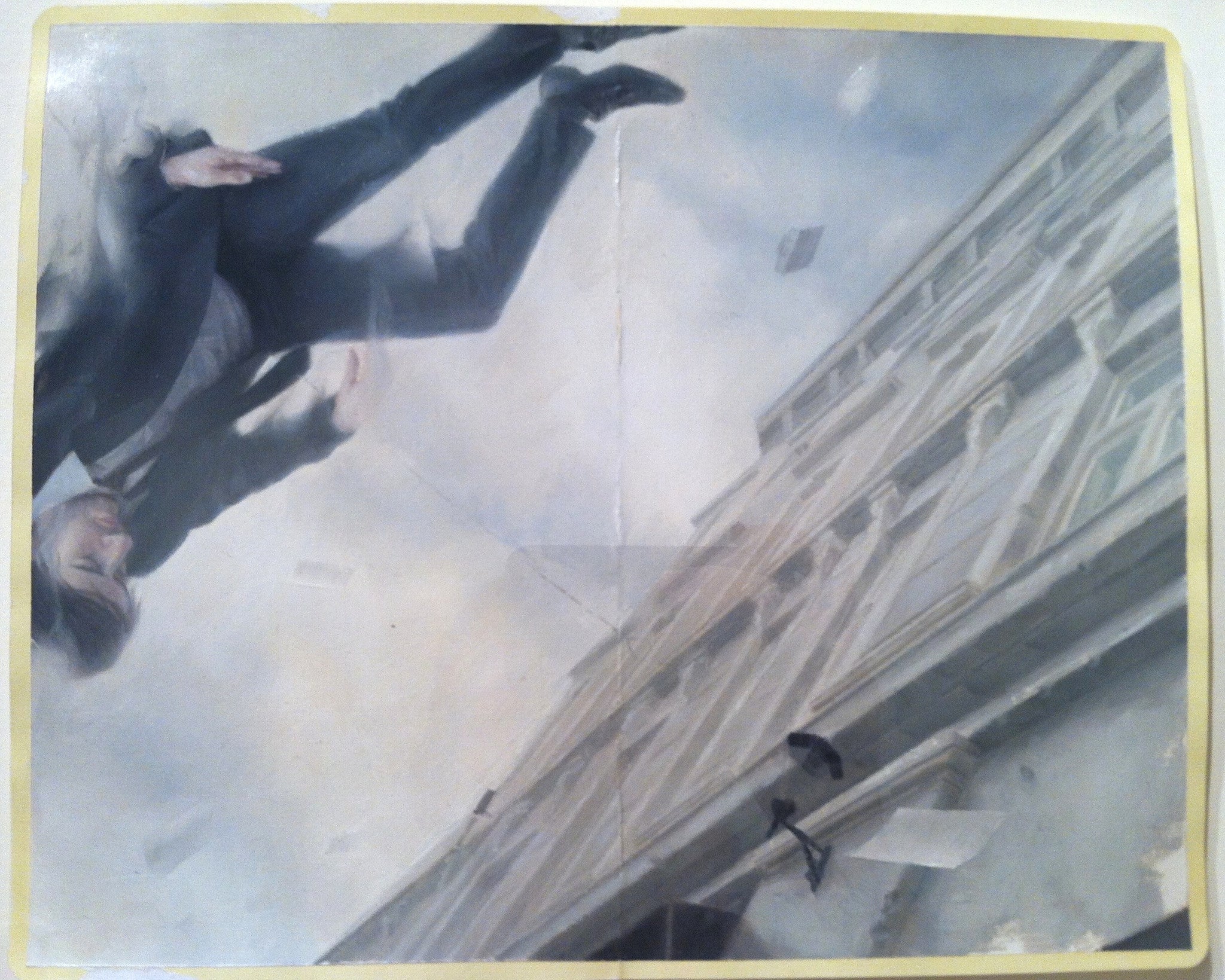 A suited man appears to be falling through the air near a classical architectural building, capturing Henrik Uldalens oil-on-Moleskine style. Papers float around him, enhancing the dramatic motion with a soft, painted quality.
