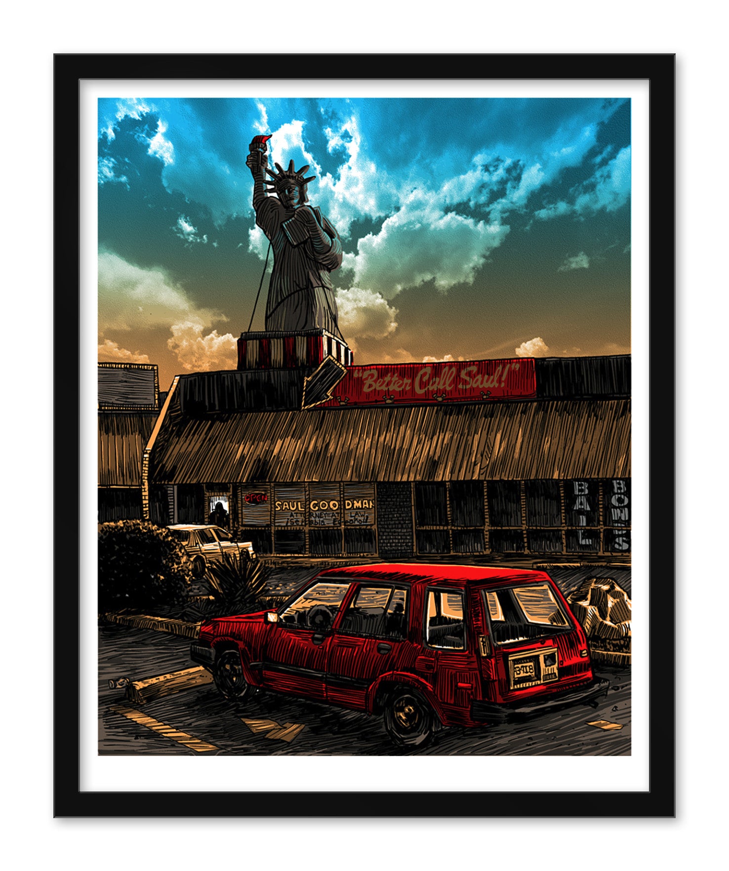 Tim Doyles stylized screen print features a parking lot with a red car and building, topped with a Statue of Liberty replica. Dramatic clouds loom above, while a Better Call Saul sign adds a nod to the Breaking Bad universe in this custom-framed art piece.