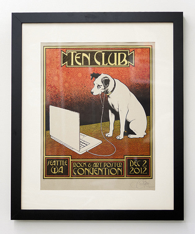 A framed artwork by Chuck Sperry shows a dog listening to a laptop with earphones against an ornate, vibrant background. The text includes Ten Club, Seattle, WA, Rock & Art Poster Convention, and Dec 2, 2012, echoing the Helikon Solo Show style.