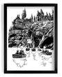 An original Tim Doyle pen and ink illustration depicts a castle on a cliff with tall spires reminiscent of a fantasy, akin to Hogwarts. Several small boats approach the shore below, creating an enchanting setting. The image is elegantly framed in black.