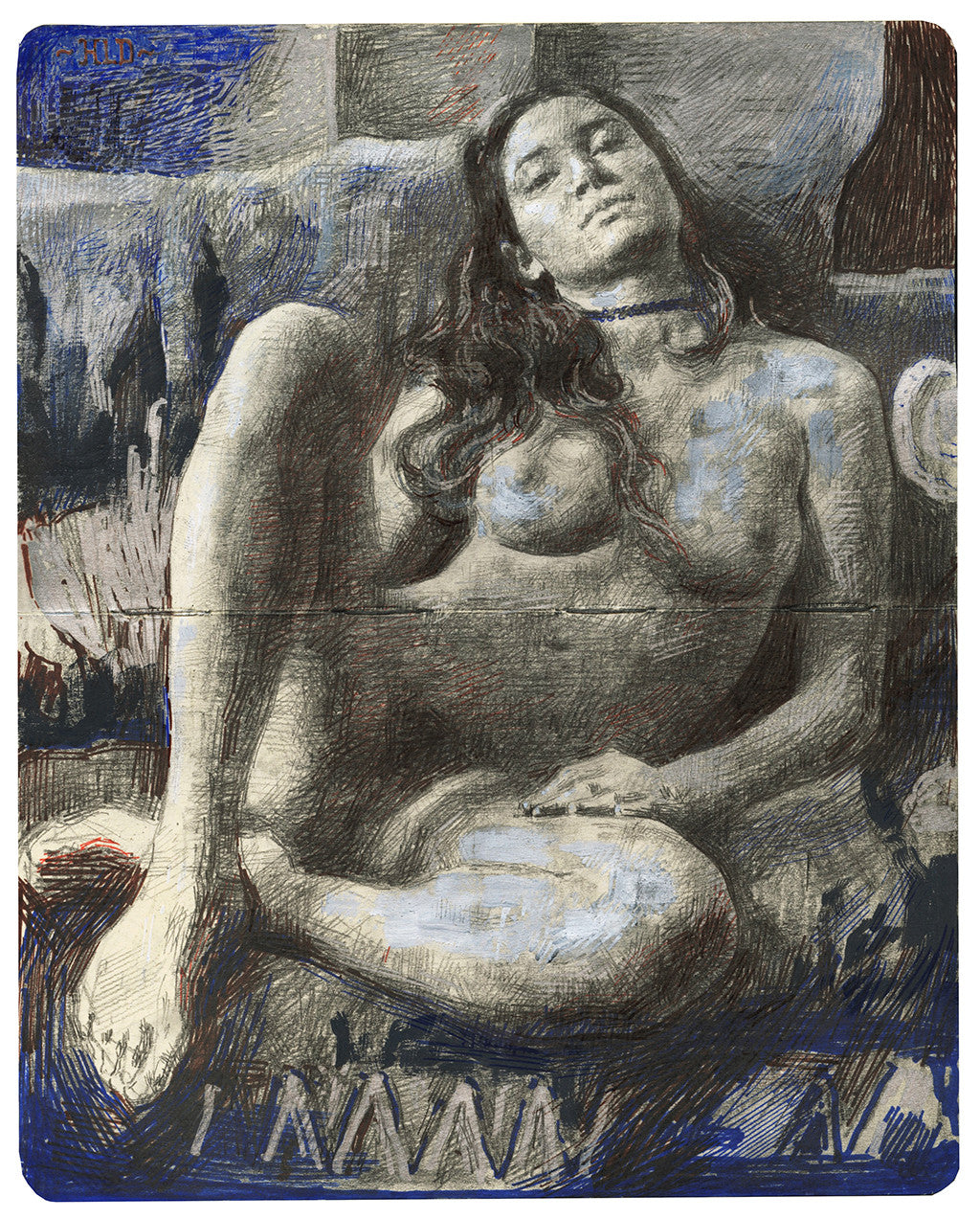 Hollis Dunlaps painting depicts a reclining woman with long hair, eyes closed, in a relaxed pose, partially draped with cloth against a textured abstract background of blue and earthy tones. It will be featured in the upcoming Spoke Art exhibit.
